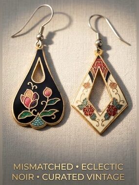 Vtg 70s/80s Cloisonné Enamel Earrings Asymmetrical Mixed Pair Noir Whimsigoth